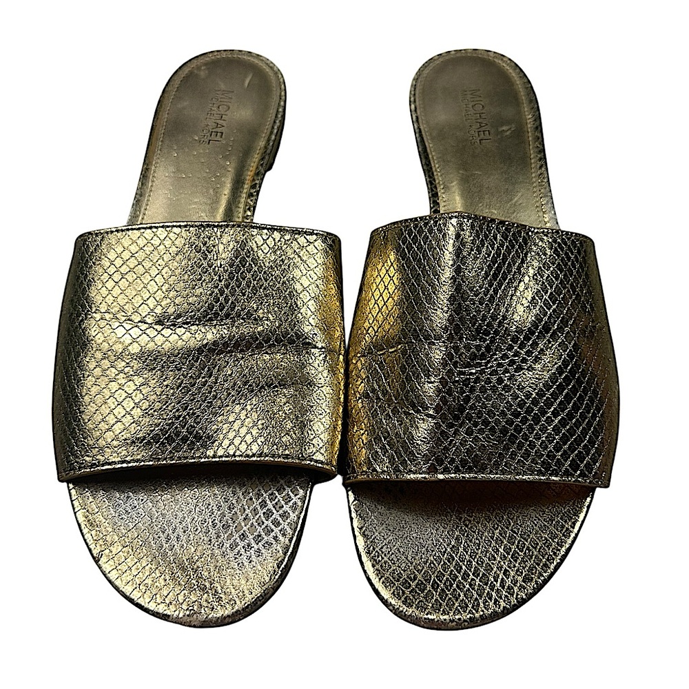 MICHAEL KORS: Snakeskin Gold Slide Sandals - Size 8